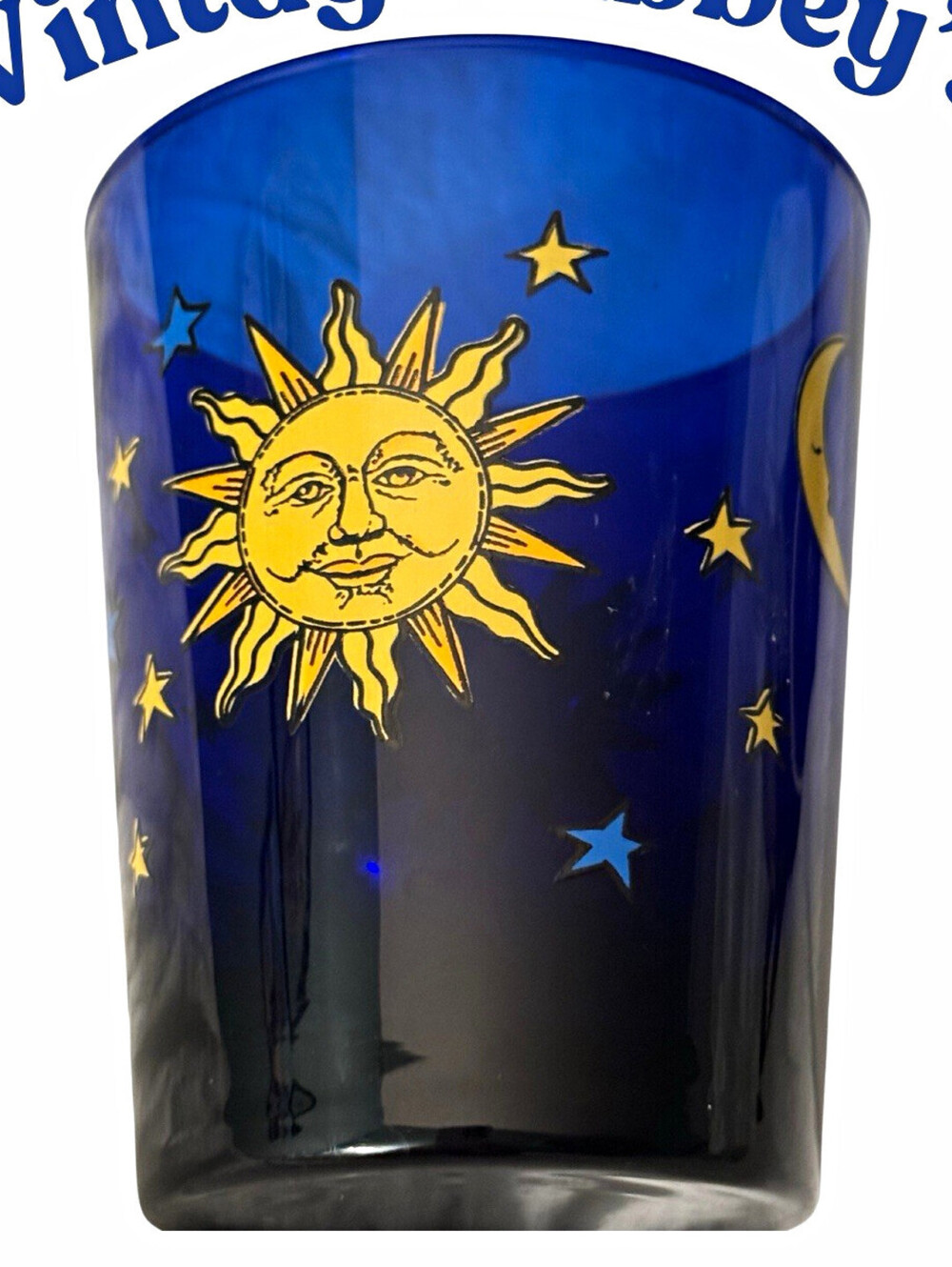 Libbey Vintage Blue Glass Tumbler, Sun Moon & Stars Celestial Decor